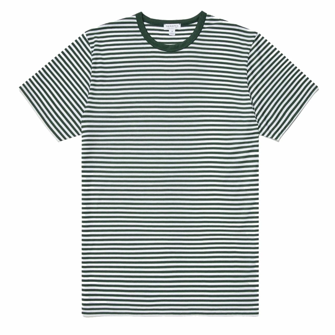 Sunspel Classic Crew Neck English Stripe T-Shirt Deep Green / White 3 Sunspel Classic Crew Neck English Stripe T-Shirt Deep Green / White