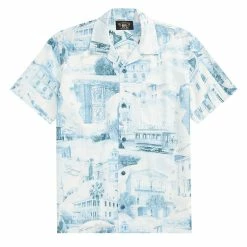 RRL By Ralph Lauren Postcard-Print Linen-Cotton Camp Shirt Cream/Blue