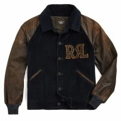 RRL By Ralph Lauren Appliqued Corduroy Leather-Sleeve Jacket Black/Deep Navy