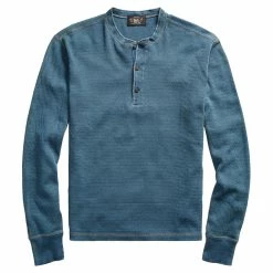 RRL By Ralph Lauren Waffle Knitted Cotton Henley Washed Blue Indigo